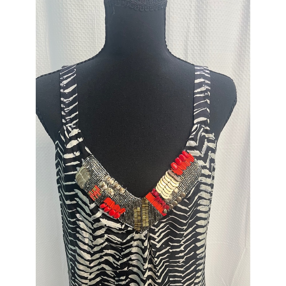 Velvet by Graham & Spencer Silk Maxi Dress Black White Zebra Beaded V-Neck XS - Picture 2 of 6